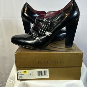 Enzo Angiolina Black Leather Heel Size 9 1/2 M Worn x1 4 buckle closure …